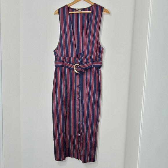 Chablis Women's Navy Blue & Red Striped Sleeveless V-Neck Belted Dress Size 15 - Picture 1 of 11
